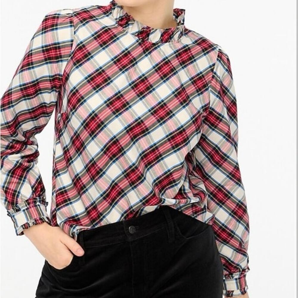 🌻 2/$20 J Crew Factory S Tartan Plaid Poplin Ruffle Neck Blouse Top FLAW